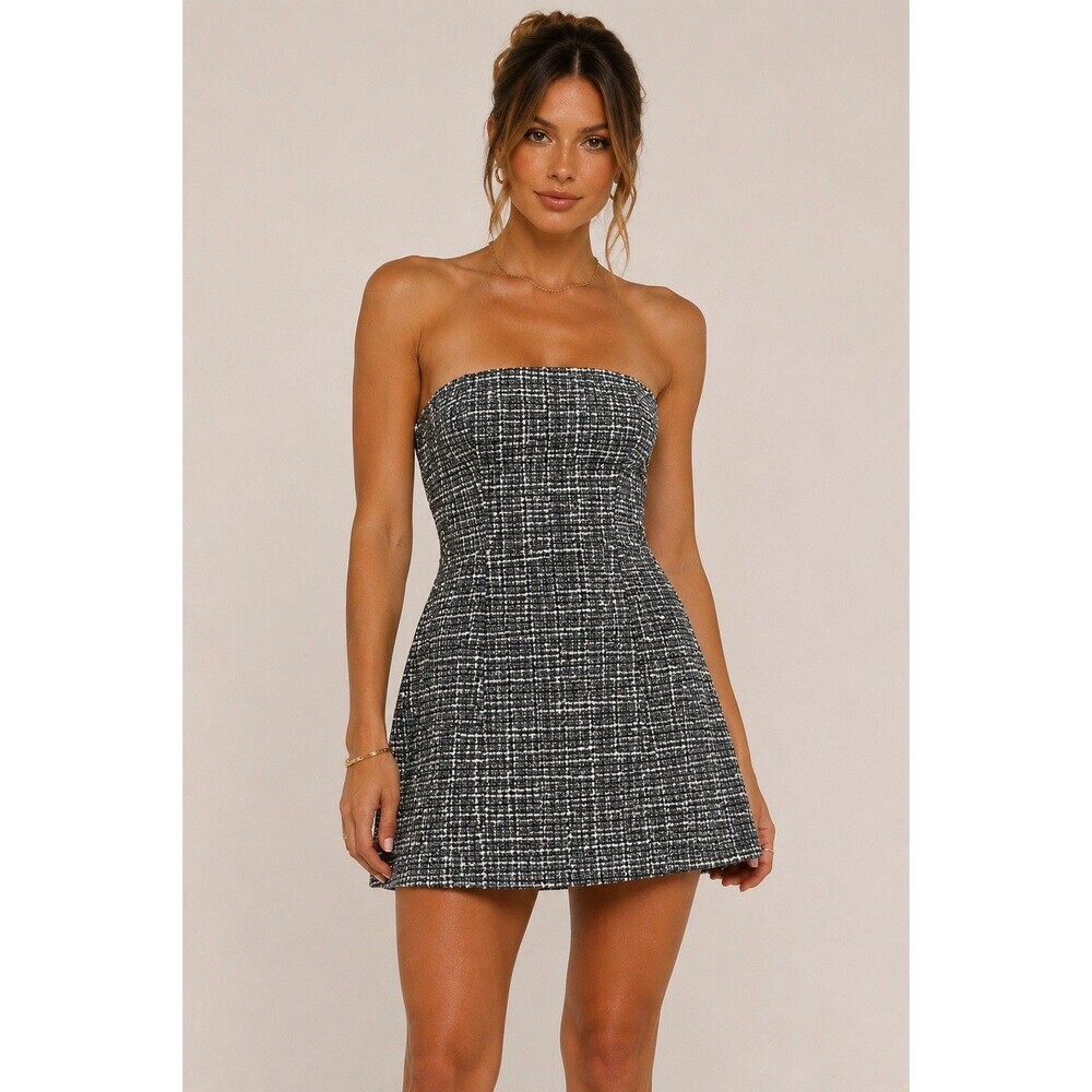 Lulus Black White Tweed Corset Mini Dress Lace Up Back Strapless Size M
